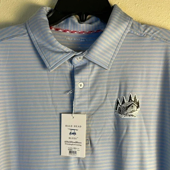 Bald Head Blues XL Striped Polo Heat Pressed Semi-Raised Logo UPF 50 Blue Gray - Picture 4 of 13